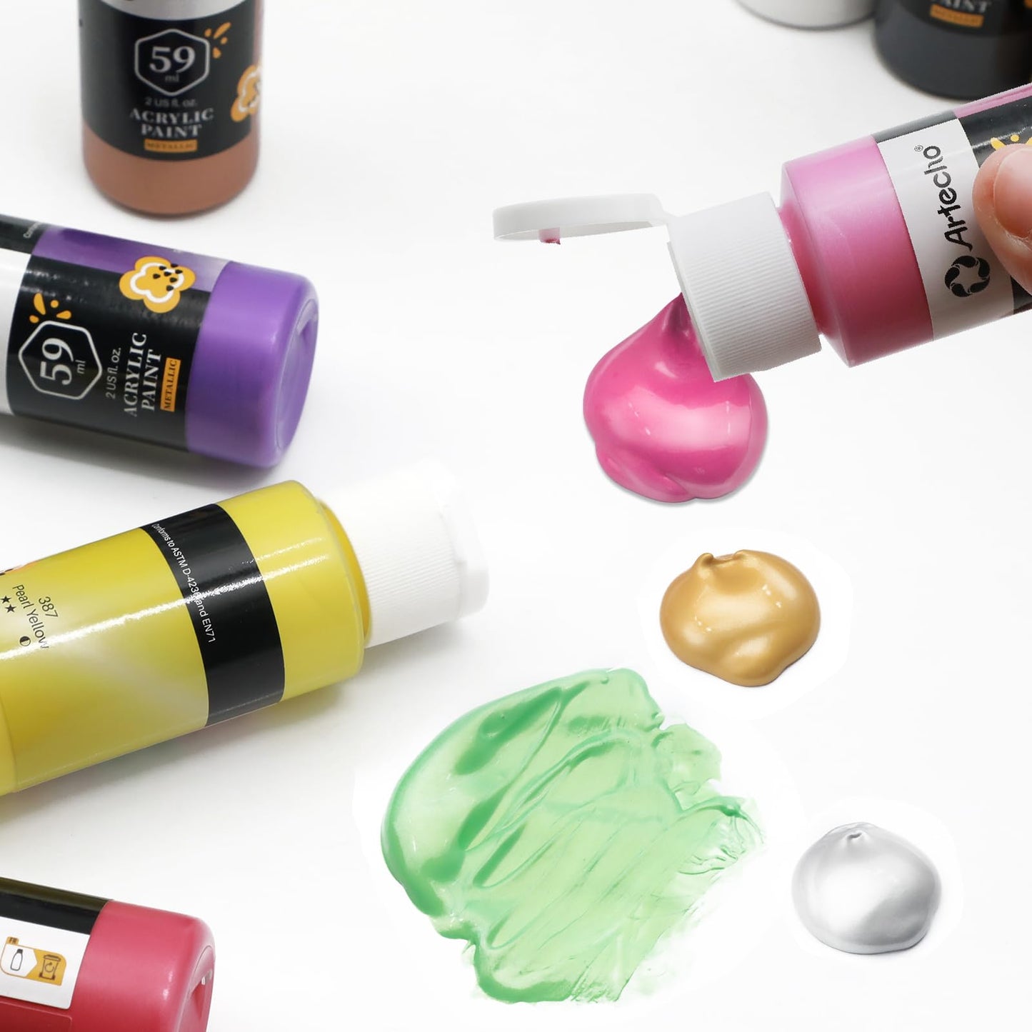 Artecho Metallic Acrylic Paint Set 12x59ml, Non-toxic metallic colors, waterproof and lightfast, fast drying, perfect for canvas, paper, and fabrics.