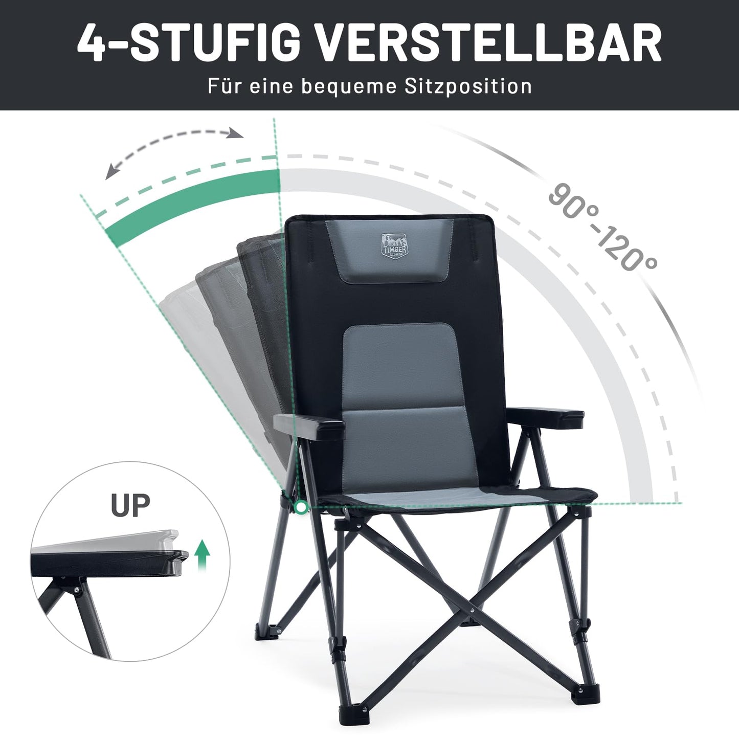 TIMBER RIDGE Folding Camping Chair 260KG Capacity 4-Position Adjustable Reclining Padded High Back Chair with Carry Bag Outdoor Chair for Garden Balcony RV Picnic