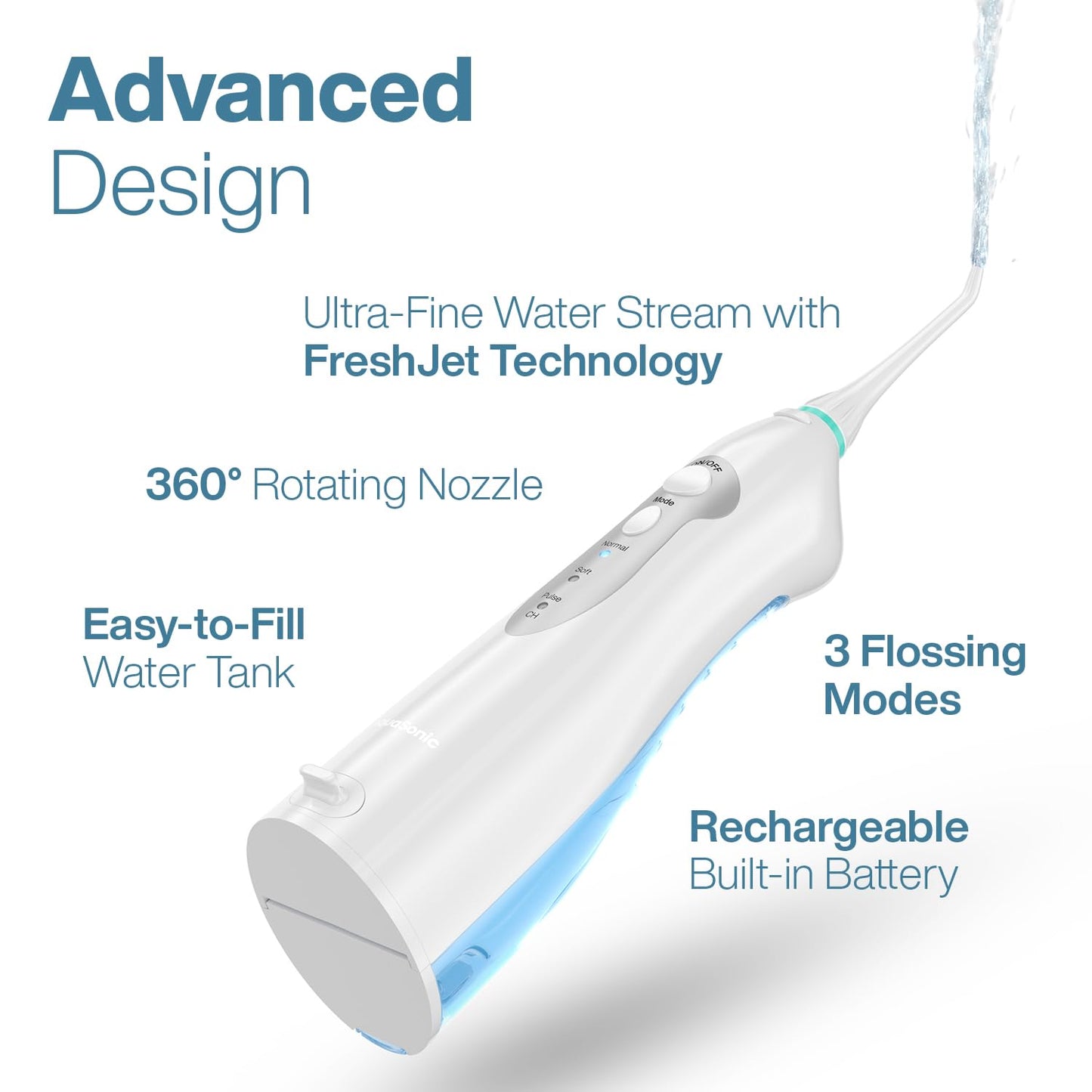 Aquasonic Aqua Flosser - Professional Rechargeable Water Flosser with 4 Tips - Oral Irrigator with 3 Modes - Portable & Cordless Flosser (White)