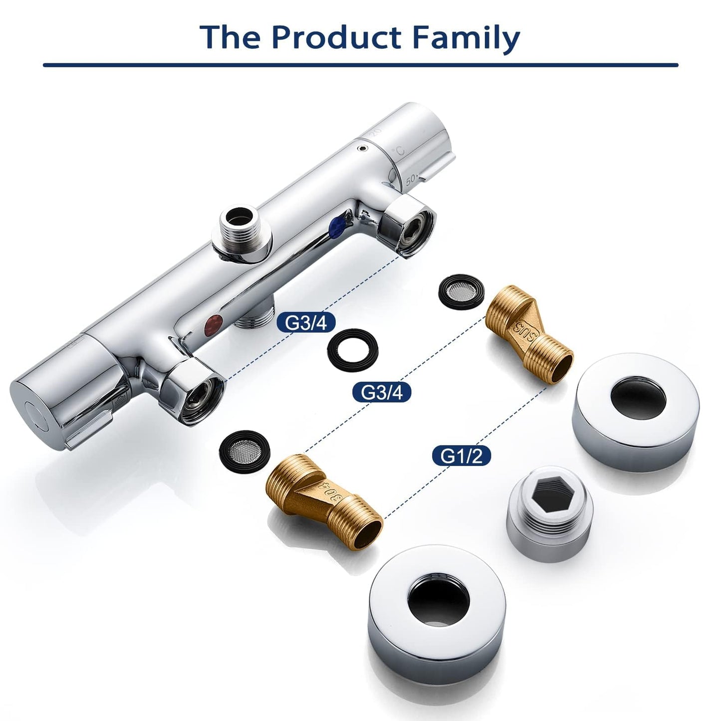 AIMOYO thermostatic shower mixer, round shower faucet with 2 outlets, chrome-plated shower thermostat replacement parts, top 3/4" BSP + bottom 1/2" BSP, shower valve with 38 °C safety button.