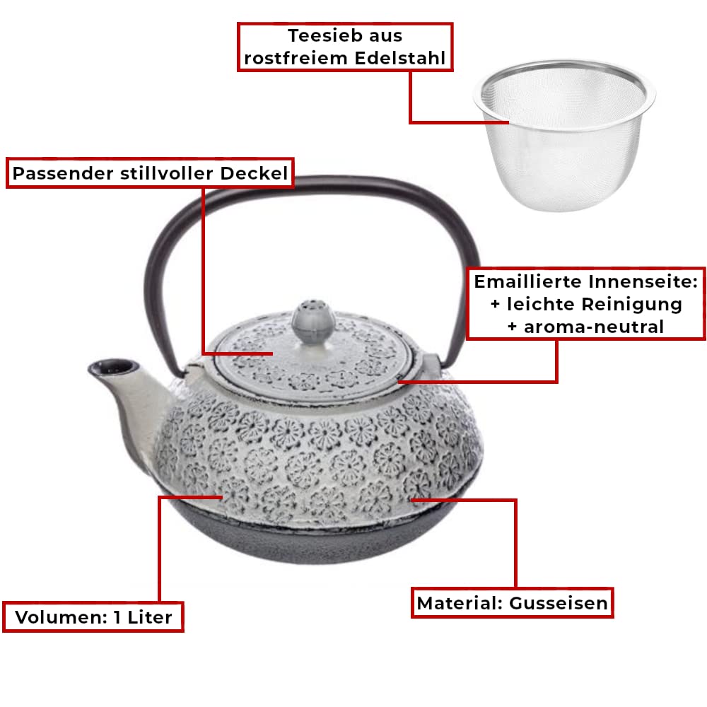 Japanese cast iron teapot with strainer, 1L | various tea kettle models iron cast, ceramic, stoneware | Japan pot, Asian, Chinese, iron, Japanese Cast Iron Teapot for tea cast white