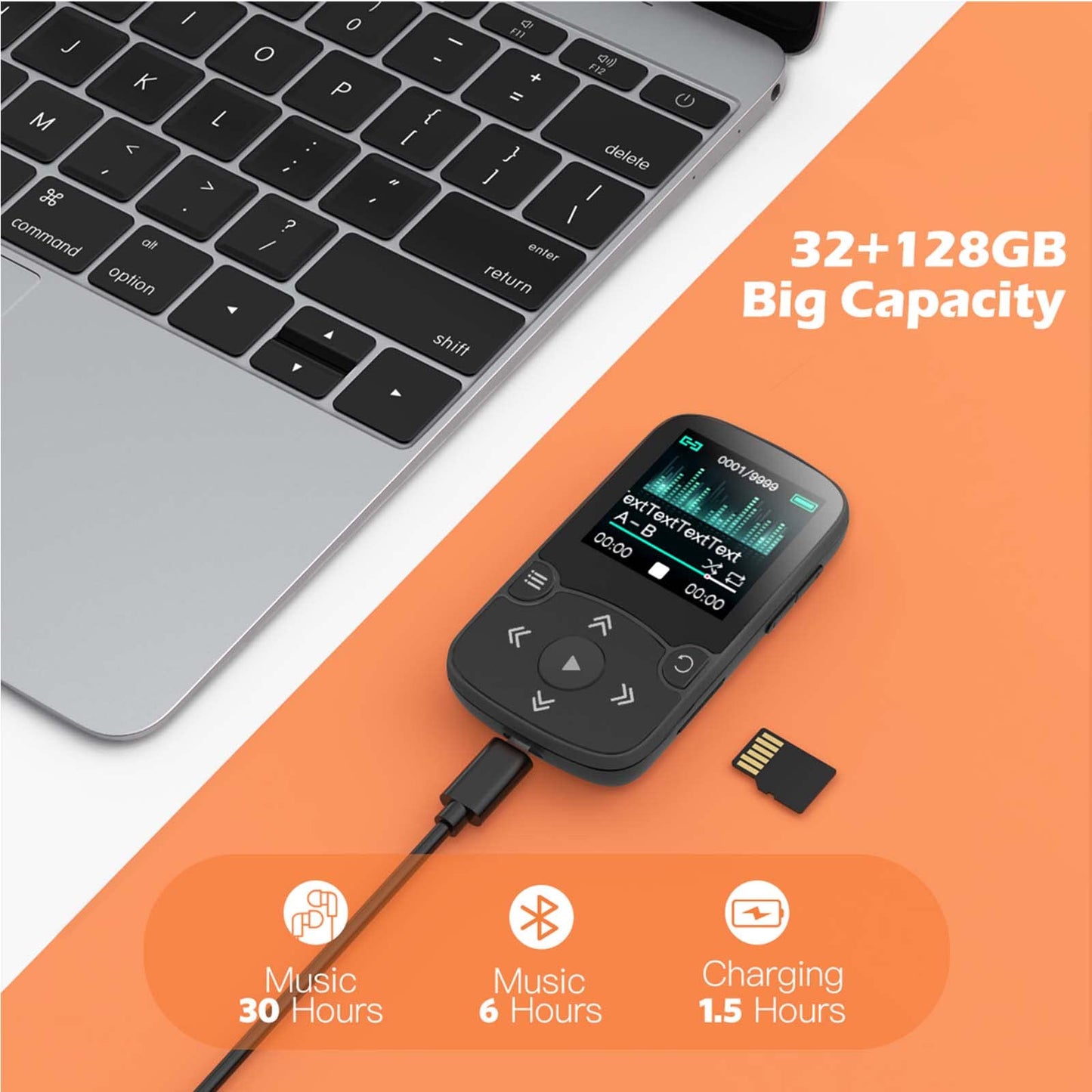 AGPTEK MP3 Player Bluetooth 5.3 Sport 32GB with 1.5 inch TFT color screen, Mini Music Player with clip, supports up to 128GB TF card, with volume button, FM radio, pedometer, Black.