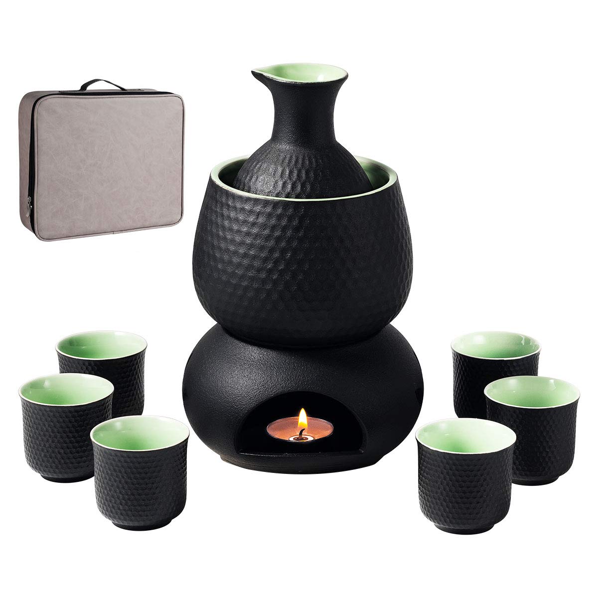 Sake set and cups with warmer and gift box, traditional Japanese porcelain for hot sake drinks, 9 pieces, including 1 stove, 1 warming tray, 1 sake bottle, 6 cups