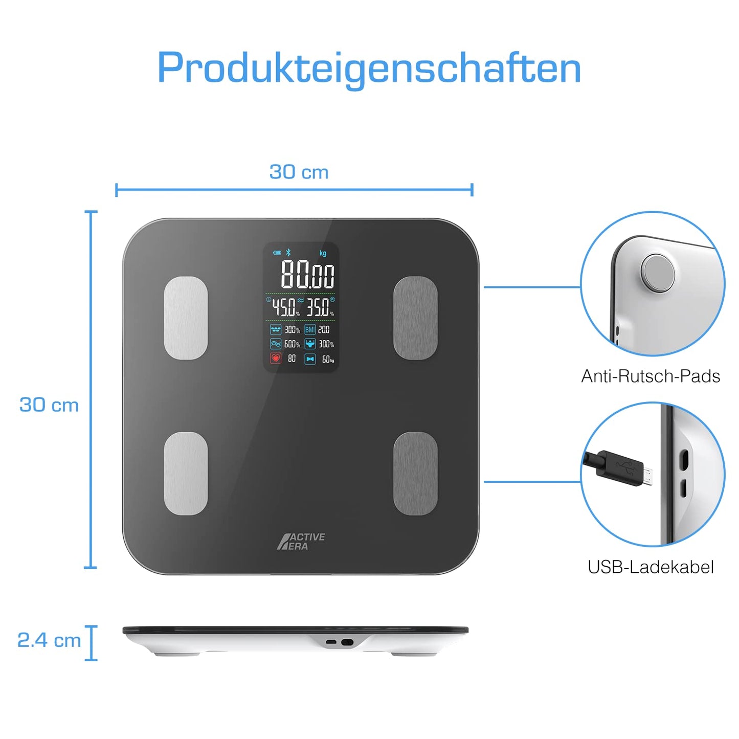 Active Era Bluetooth Body Fat Scale with large LED display - Bluetooth body fat scale with 16 measurements, highly accurate body weight, Body Mass Index (BMI), Free smartphone app (Black)