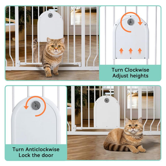 COMOMY Stair Gate/Door Gate Without Drilling, 75-123cm Automatic Closing Dog Gate with Cat Door, Sturdy Baby Safety Gate/Stair Gate, Ideal for Kids and Pets, White