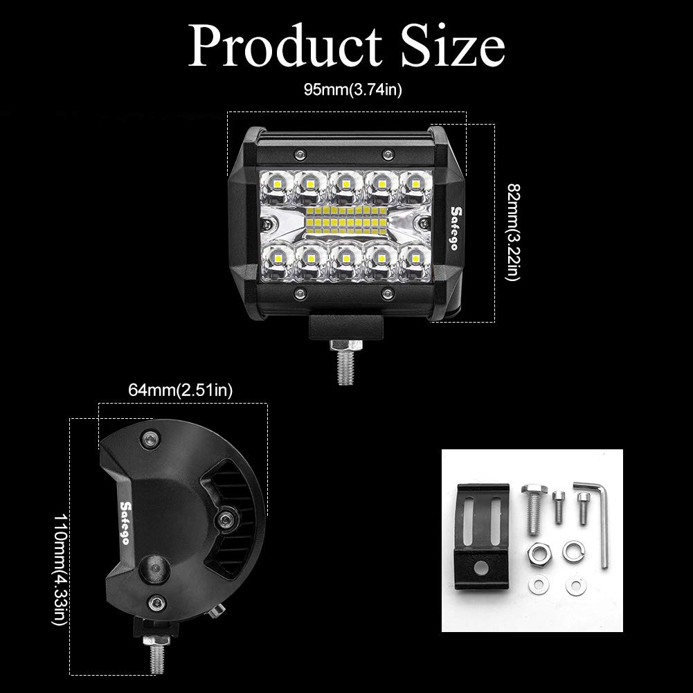 Safego 4 inch 60W LED work light with 6000LM, suitable for cars, off-road vehicles, trucks, excavators, SUVs, UTVs, and ATVs. IP67 waterproof and ideal for use on tractors. Set of 4 lights.