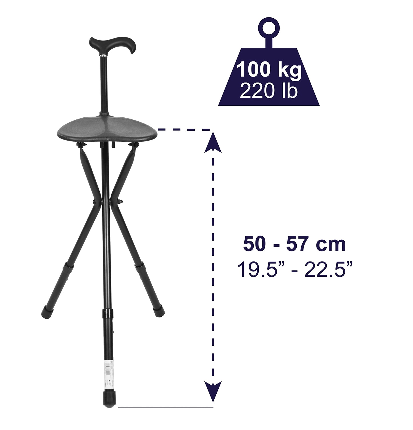KMINA PRO - Walking Stick with Adjustable Height Seat, Folding Seat, 3 Legs, Chair, Walking Cane