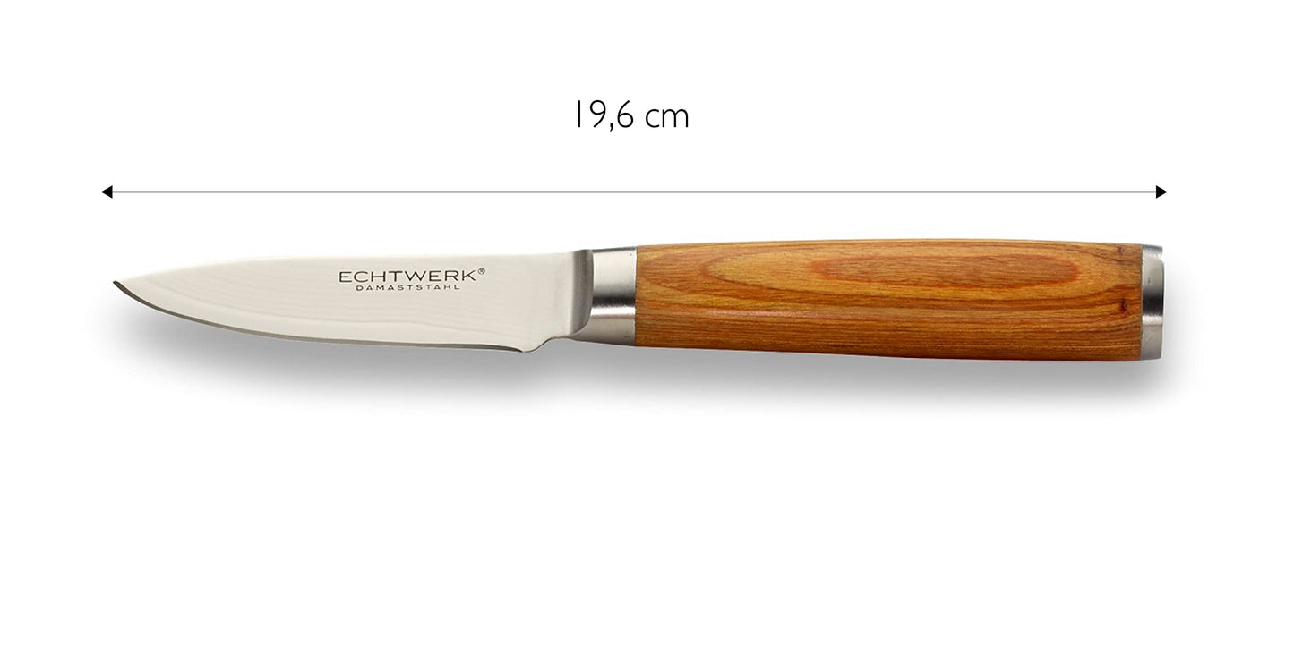 3-piece Genuine Damascus Knife Set, Kitchen/Chef's Knife, Serrated Bread Knife, Paring/Vegetable Knife, Damascus Steel, ergonomic Pakka Wood handles, Brown/Silver, Storage Box included.