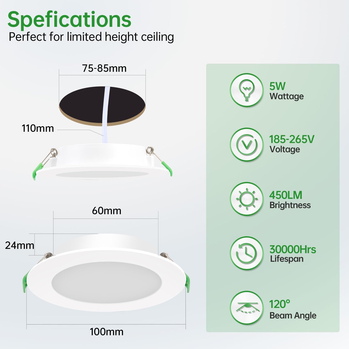 HOMEOW 12 pack Recessed LED Flat Panel Lights, 230V 5W 450 Lumens, Neutral White 4000K LED Spot, Cut-out 75-85mm, Diameter 100mm, IP44 Waterproof for Bathroom Kitchen Living Room.