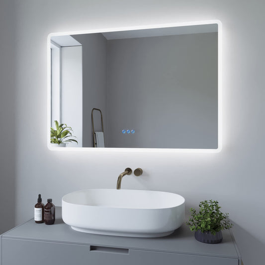 AQUABATOS 100x70 cm bathroom mirror with lighting LED wall mirror energy-saving. Dimmable touch switch + cool white 6400K + warm white 3000K + mirror defogger + IP44 + CE.
