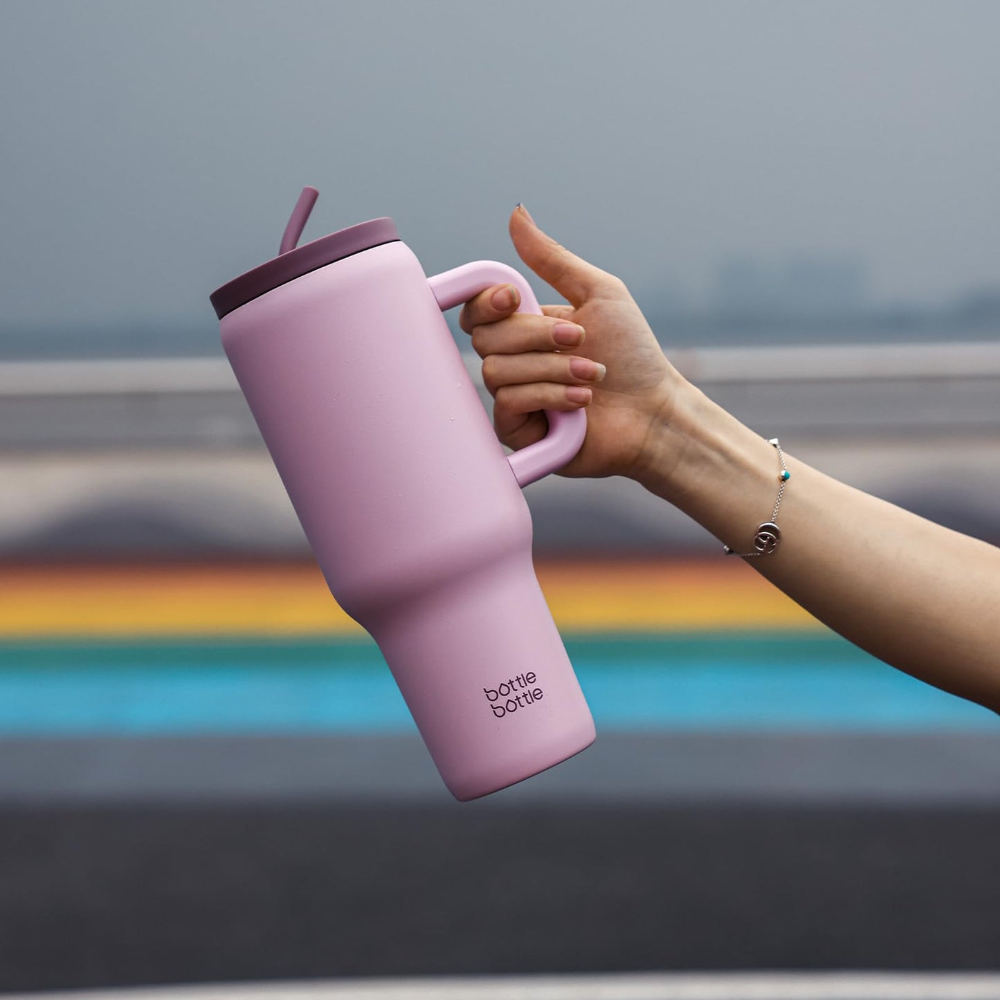 BOTTLE BOTTLE 40oz (1.1L) stainless steel coffee mug with handle & straw, BPA-free, insulated thermos cup for travel, office, school & sports, gift idea for coffee and tea lovers (Pink)