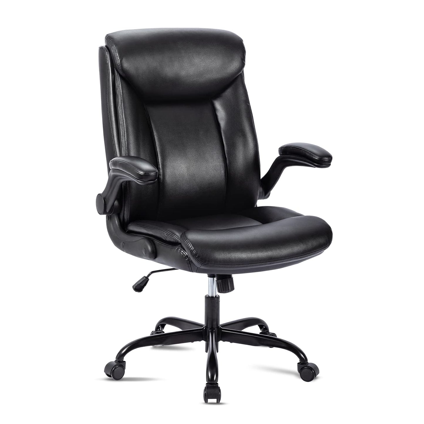 MZLEE Office Chair Ergonomic Desk Chair PU Leather Swivel Chair with Foldable Armrest, Height Adjustable, Comfortable for Office Home Gaming (Black)