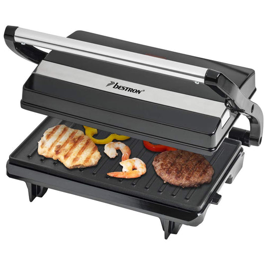 Bestron electric contact grill with drip tray, sandwich maker with cool-touch handle, panini maker with non-stick coating, 700 watts, APM123Z, color: black, 22.5 x 14 cm