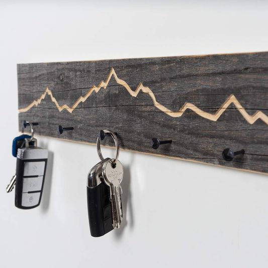 Rustic key rack with mountain silhouette, 40 cm - Handmade in Bavaria - Key cabinet and holder in mountain design - Key rack, wooden wall decoration, rustic and modern.