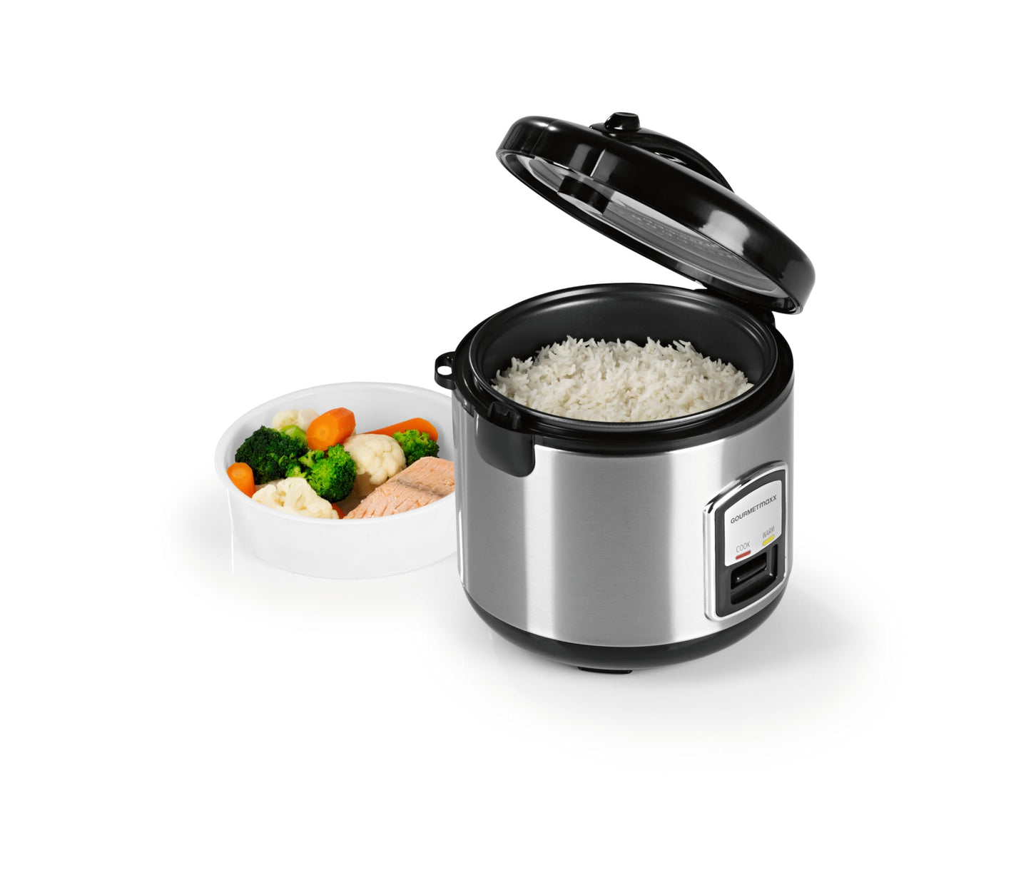 GOURMETmaxx Compact Rice Cooker & Steamer, 1L, includes steaming insert, cooking pot, rice spoon & measuring cup, keep warm function, perfect for small families & singles, dishwasher safe.