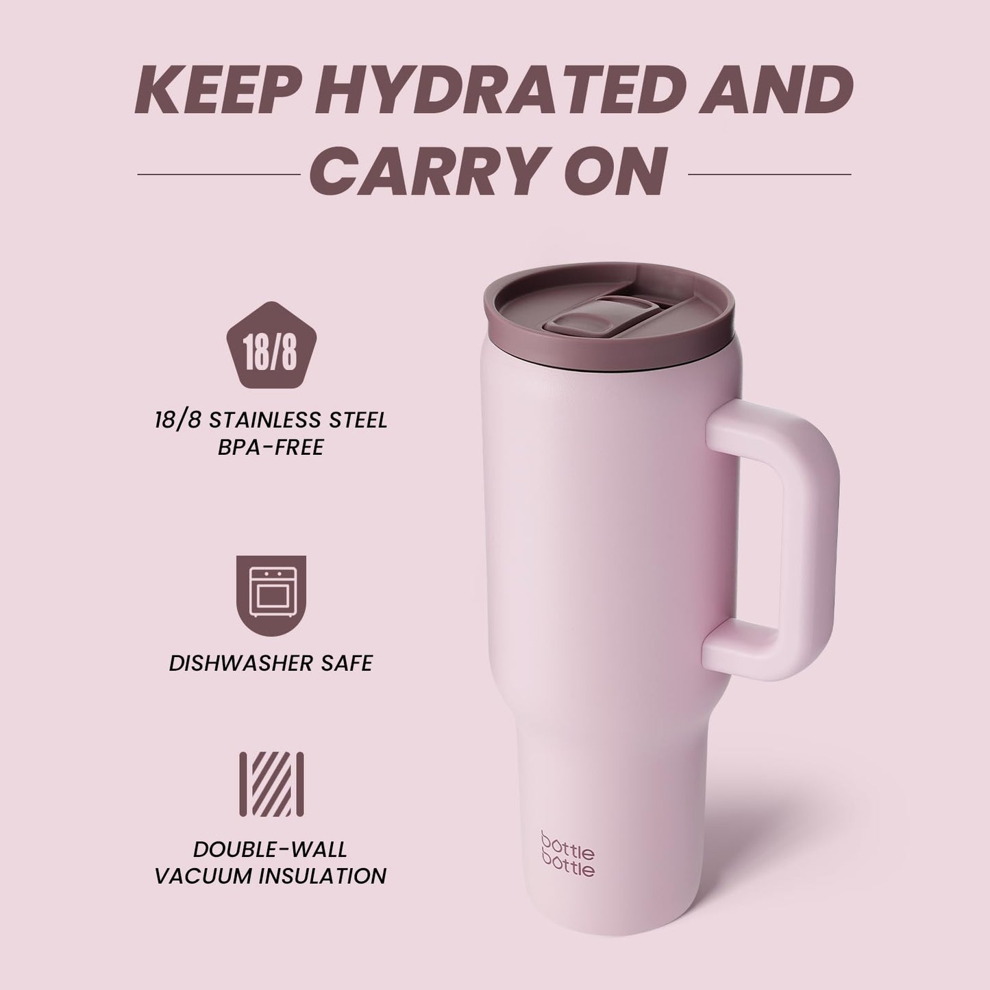 BOTTLE BOTTLE 40oz (1.1L) stainless steel coffee mug with handle & straw, BPA-free, insulated thermos cup for travel, office, school & sports, gift idea for coffee and tea lovers (Pink)