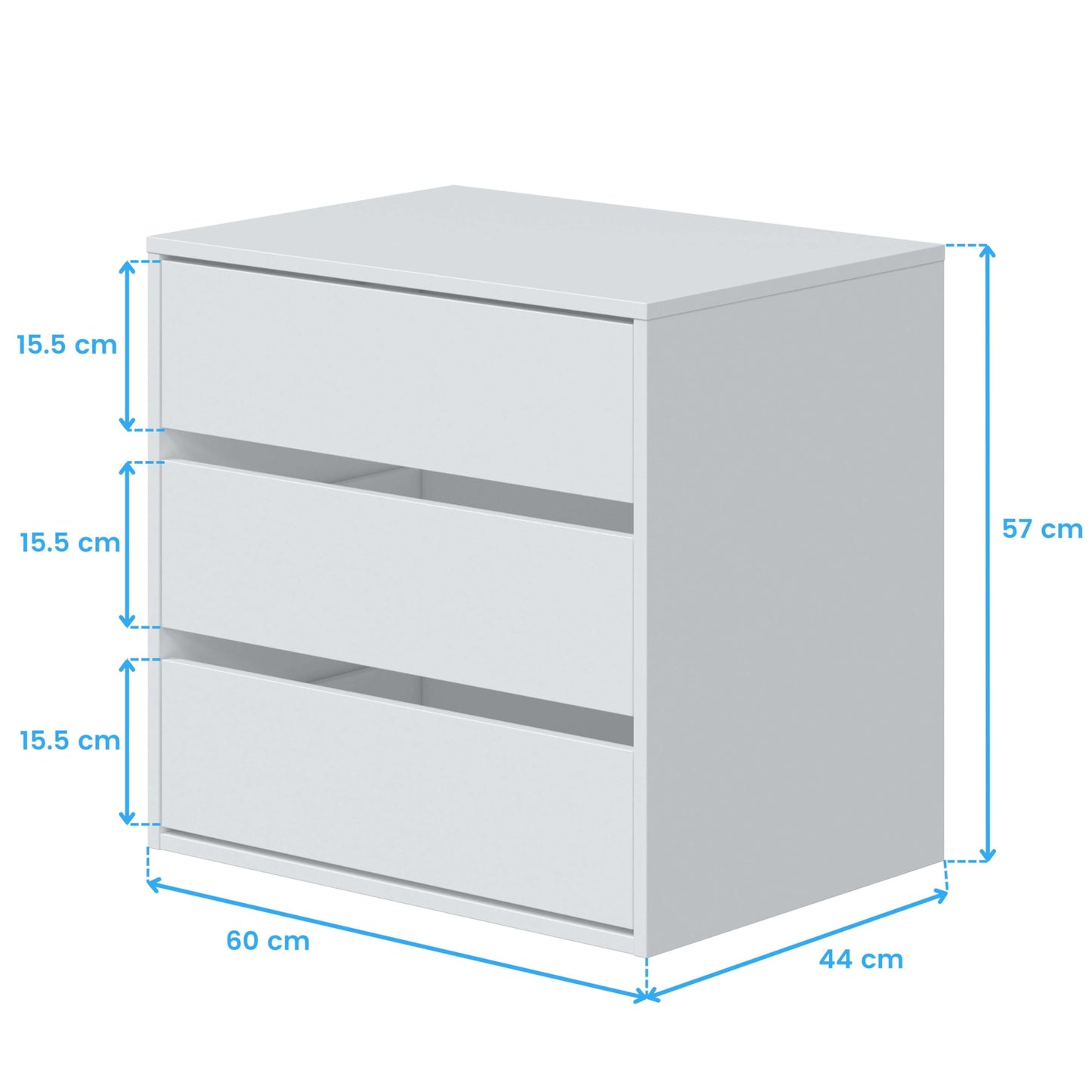 Habitdesign chest of drawers with THREE drawers in matte white, dimensions: 60 cm (width) x 57 cm (height) x 44 cm (depth).