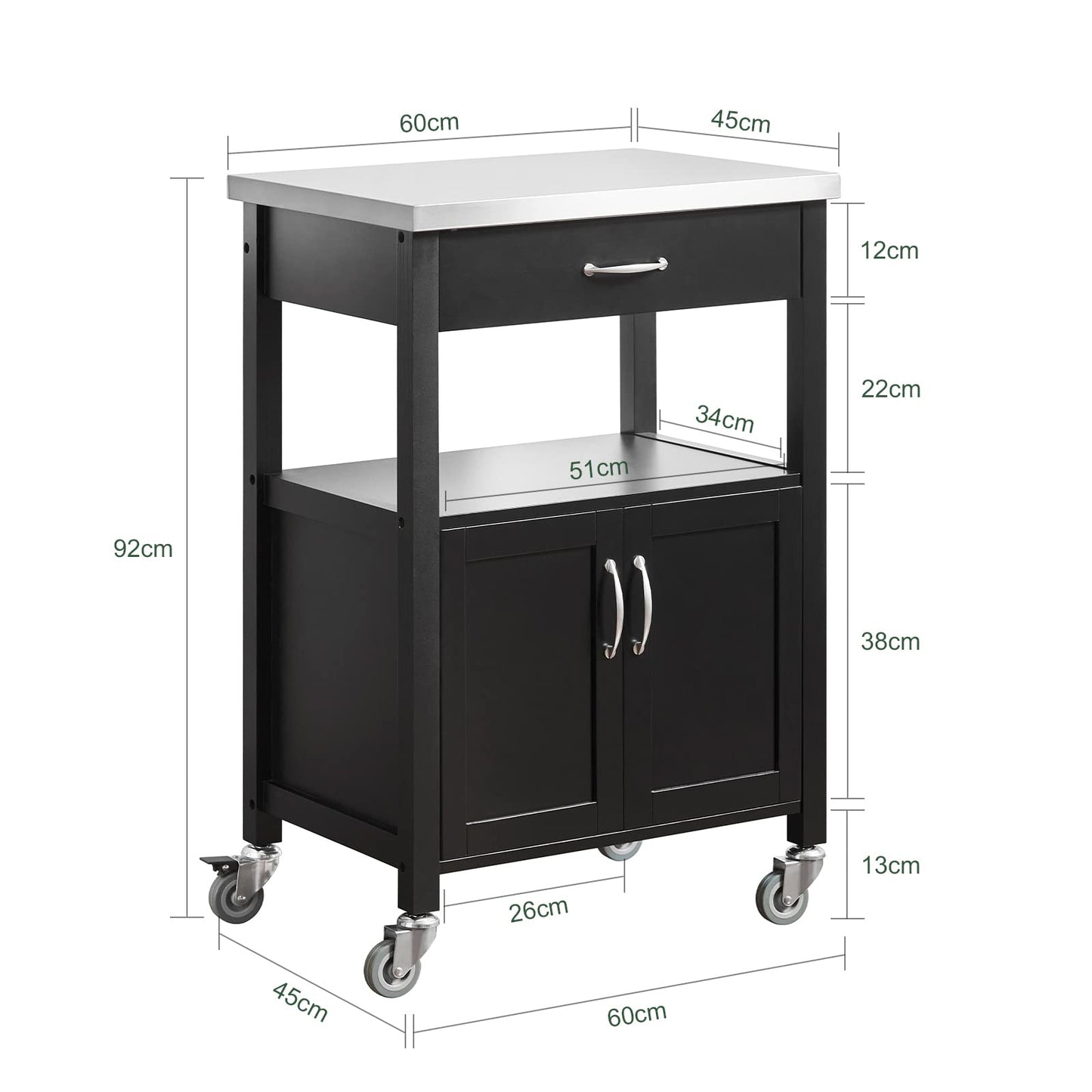 SoBuy Kitchen Cart with Worktop Serving Trolley with Wheels Side Table Wooden Trolley Kitchen Shelf Standing Versatile Kitchen Cabinet for Kitchen, Outdoor & Bedroom Black 60x92x45cm FKW22-SCH