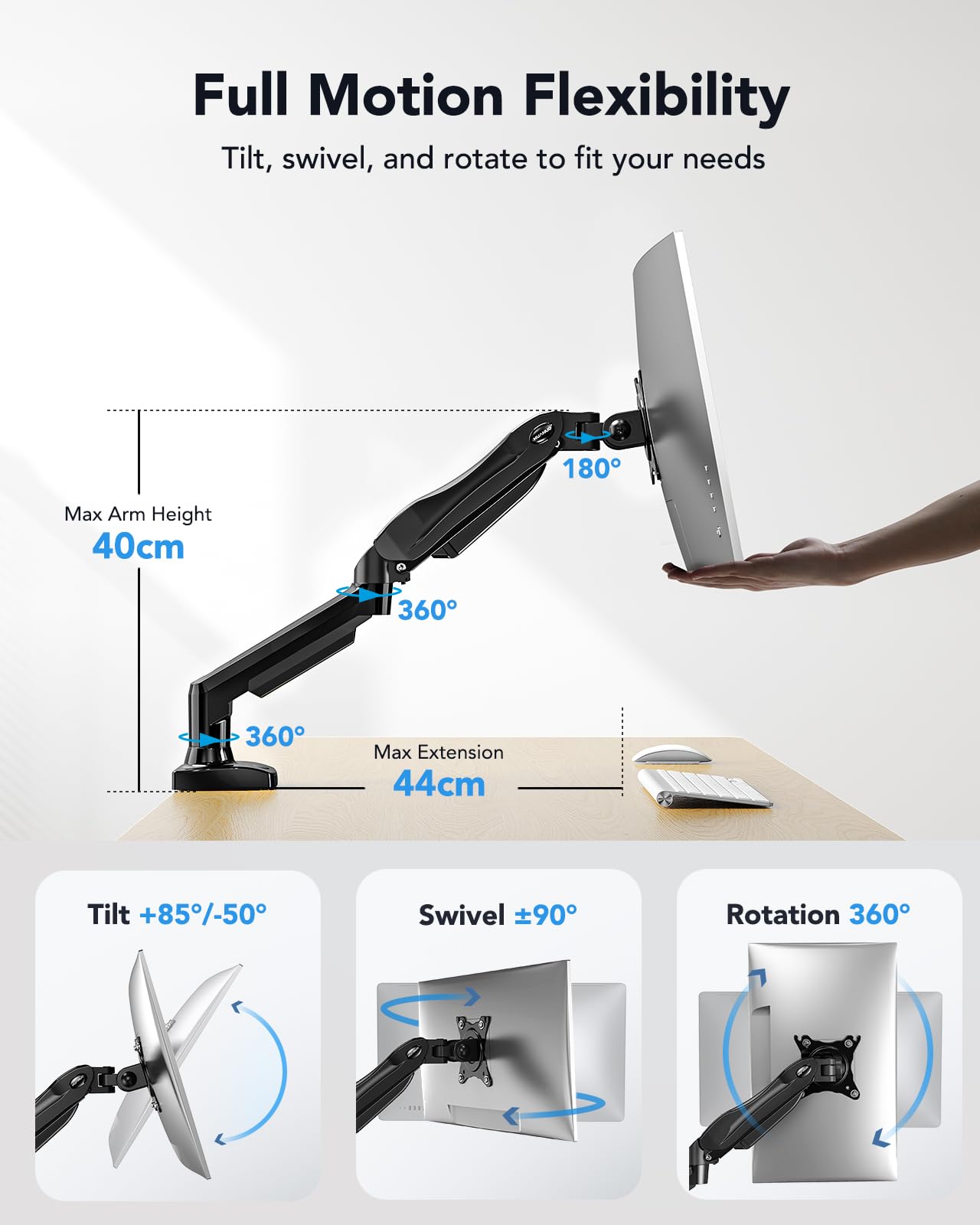 HUANUO Monitor Mount for 13 to 32 Inch Screens, Single Monitor Arm Stand Holds 2~9 kg, Height Adjustable with Tilts, Swivels, Rotates, VESA 75 & 100 mm.