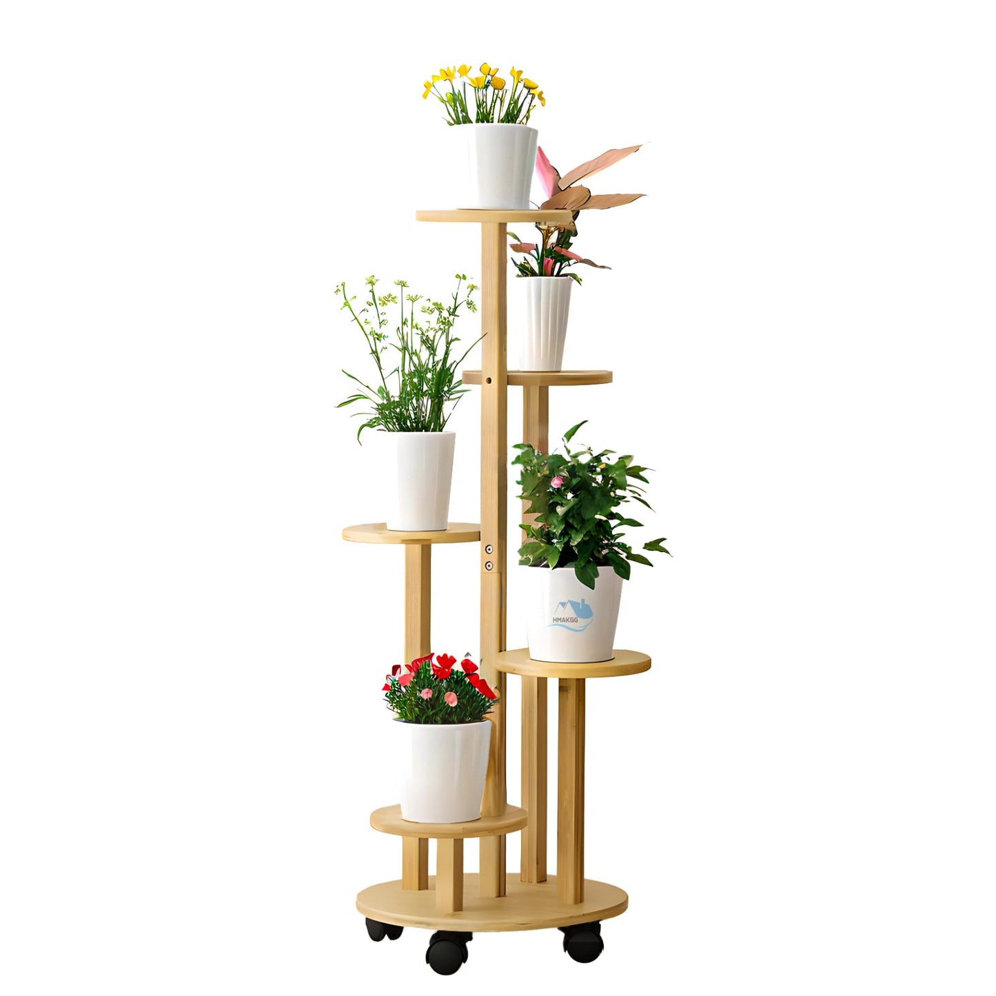 HMAKGG Bamboo Flower Stand with Wheels, 5-Tier Plant Stand 90CM Flower Shelf Balcony, Flower Steps Inside for Flower Pots, Natural Plant Shelf for Living Room Bedroom Garden, Ø19cm