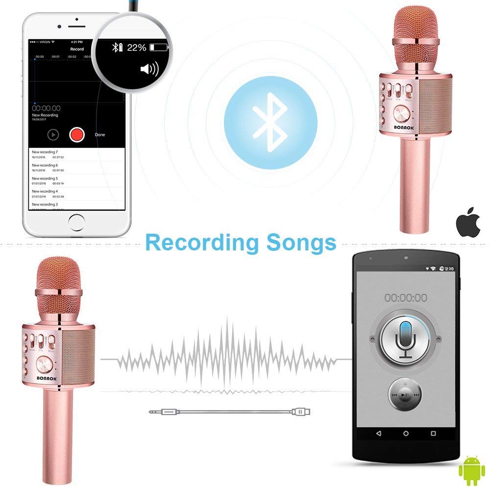 BONAOK Wireless Bluetooth Karaoke Microphone, Portable 3 in 1 Karaoke Handheld Mic Birthday Gift Home Party Speaker for iPhone/Android/iPad/PC/Smartphone (Rose Gold Plus)
