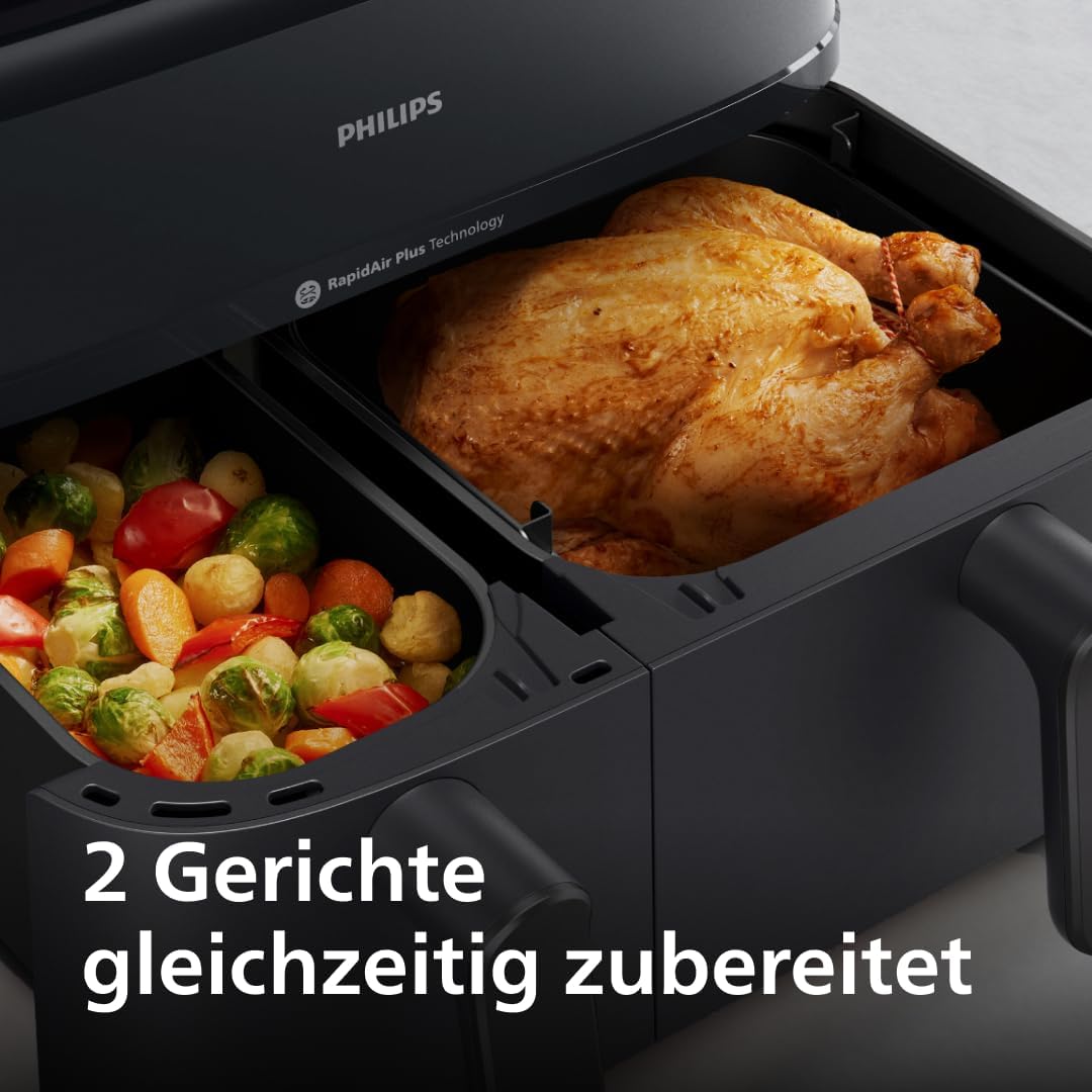 Philips Steam Airfryer 5000 Series Dual Basket - Airfryer & Steamer in one device, 9L, RapidAir Plus Technology, 19 cooking functions, 90% less fat, 2 baskets, steam cleaning (NA550/00)
