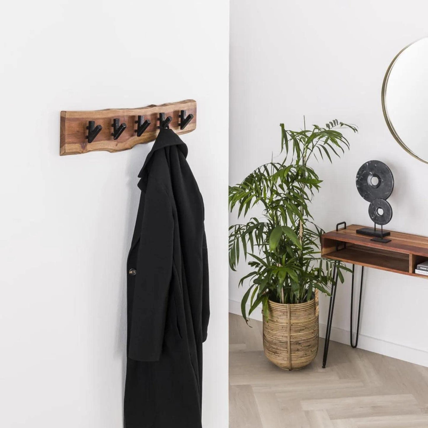 RINGO-Living wall coat rack 60cm - Slim clothing rack with 5 hooks for your jackets, coats, & scarves - Vintage clothes rack made of solid natural wood - Rustic wall shelf for the hallway