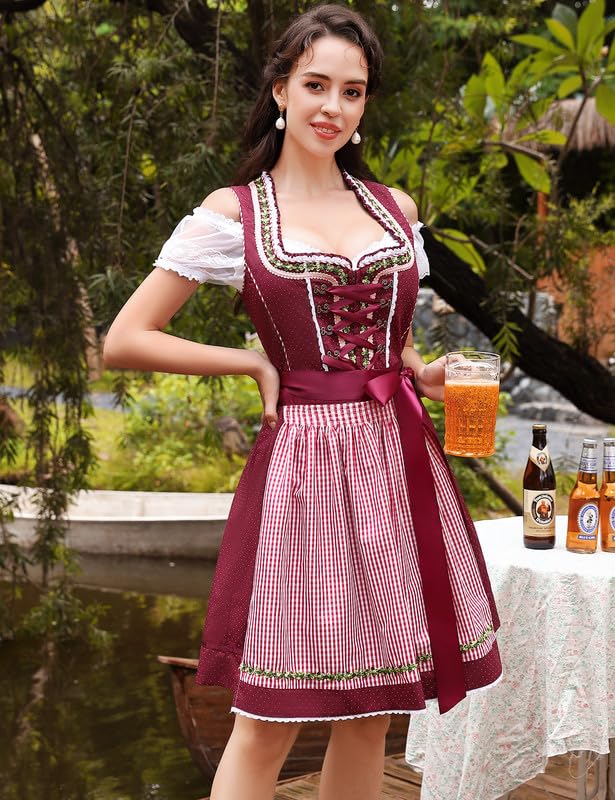 Clearlove dirndl for women midi 3-piece traditional costume for women, traditional skirt, traditional fashion dress, dirndl blouse for Oktoberfest (wine red, size 36)