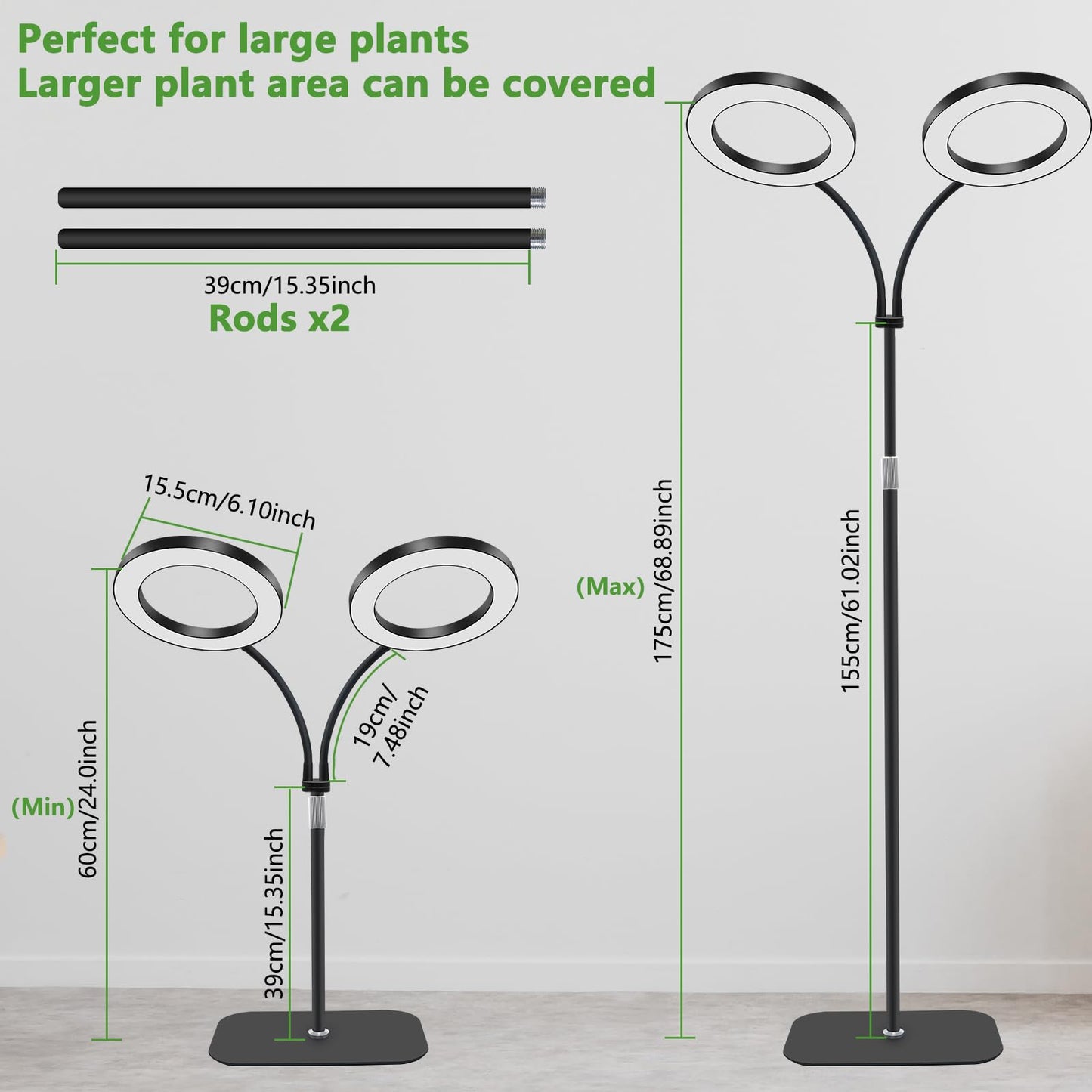 Niello Grow Lamp with Stand, 2-Head LED Plant Light for indoor Plants, Full Spectrum Growth Lamp, Auto on/off 3/9/12H Timer, 10 dimmable Levels, Adjustable Height for tall Plants.