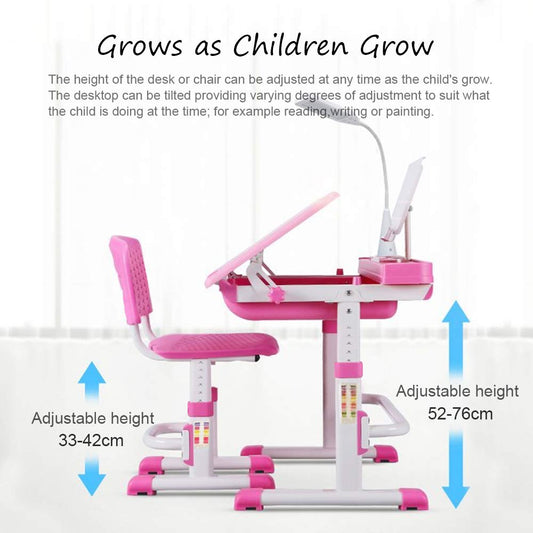 Yinleader Kids Desk Chair Set, Adjustable Multifunctional Desk and Chair, ergonomic Pink Student Desk with Lamp and Bookstand Best Desk (Pink)