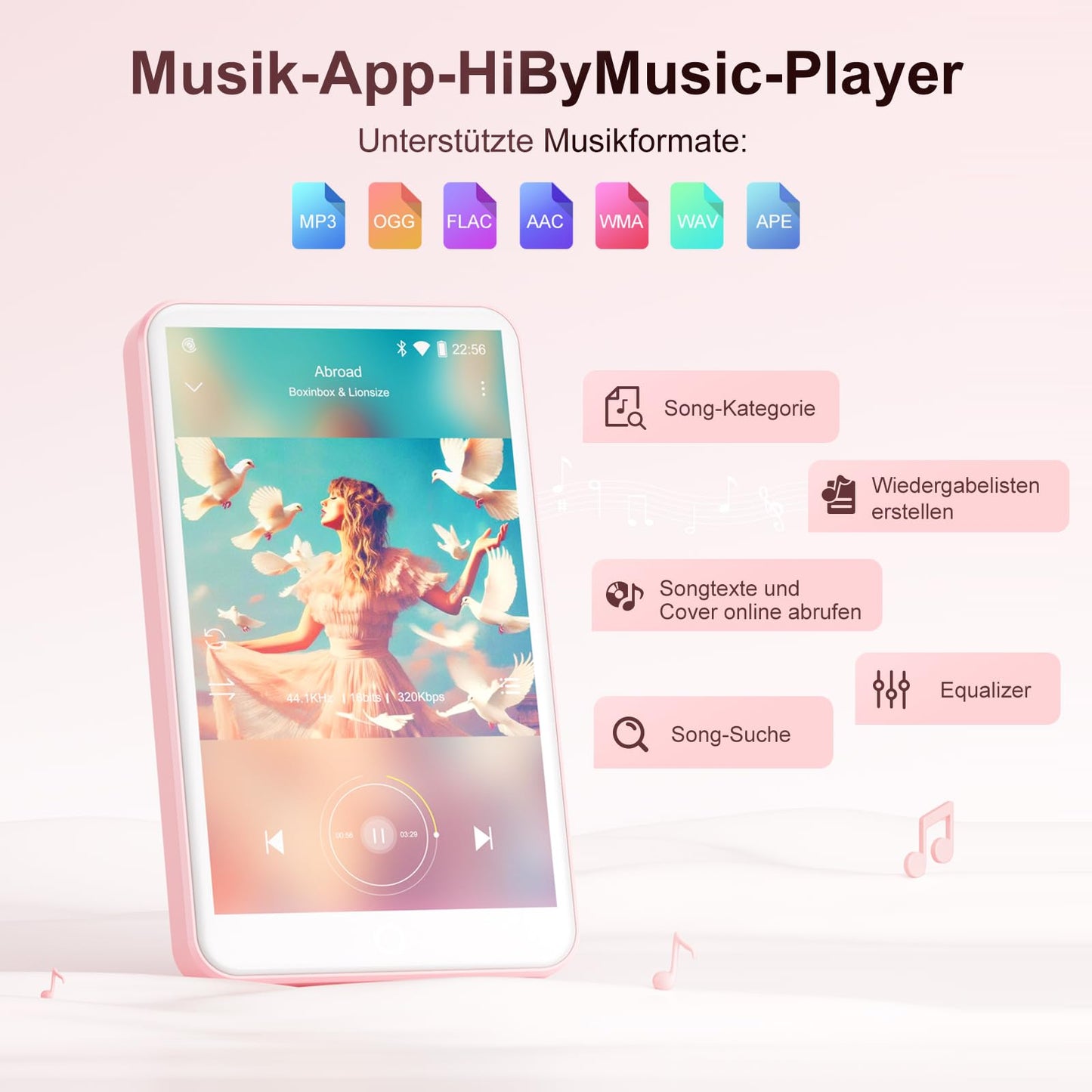 80GB MP3 player with Bluetooth and WLAN, MP3 & MP4 music player, Oilsky 4 inch 1080P touchscreen video player, portable Android Spotify player with Play Store app (Pink)