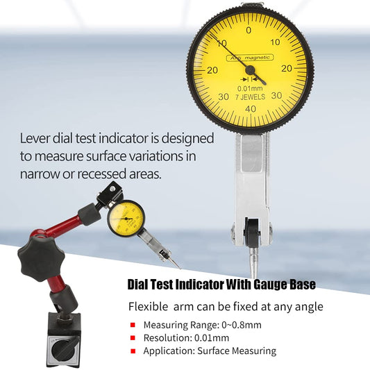 0~0.8mm flexible strong magnetic base holder + lever dial gauge (0.01mm resolution), for measuring surfaces in tight or recessed areas.