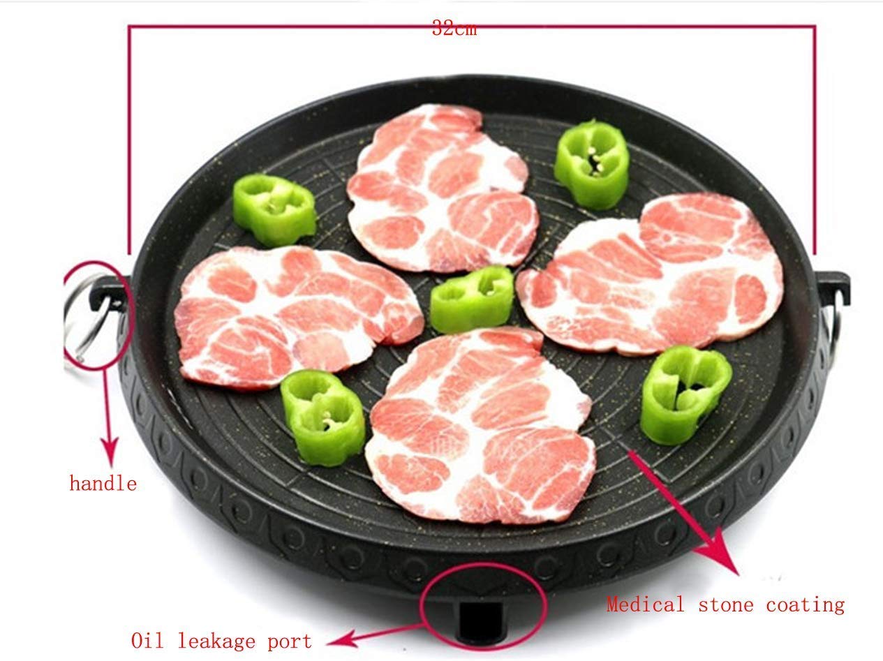 Korean-style grill pan with Maifan-coated surface, non-stick, smokeless grill plate for indoor and outdoor use, 32 x 32 cm.
