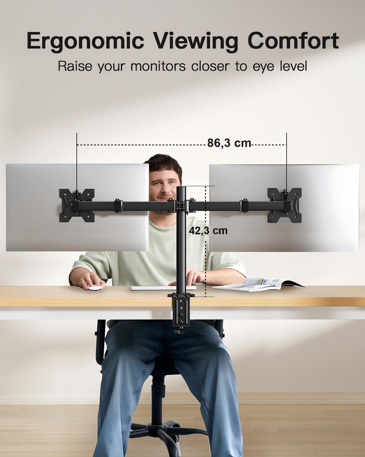 HUANUO dual monitor stand for 13-30 inch screens. Adjustable monitor stand for two monitors with tilt and swivel function. Holds up to 10 kg per arm. VESA 75/100 compatible.