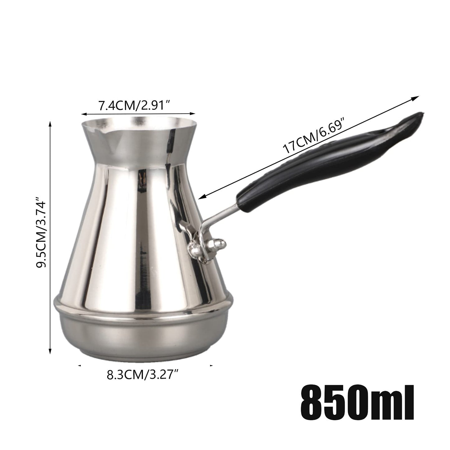 Turkish coffee pot, stainless steel coffee pot with long handle, moka pot for Turkish, Arabic, and Greek coffee, handmade Arabic coffee pot, coffee milk frother (850ml)