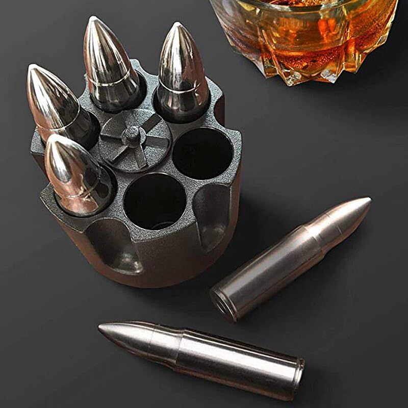 Flow XL Whiskey Bullets with Ammo Holder Stainless Steel Whiskey Stones Reusable Metal Ice Cube Tray Gift for Men Whiskey Accessories Silver