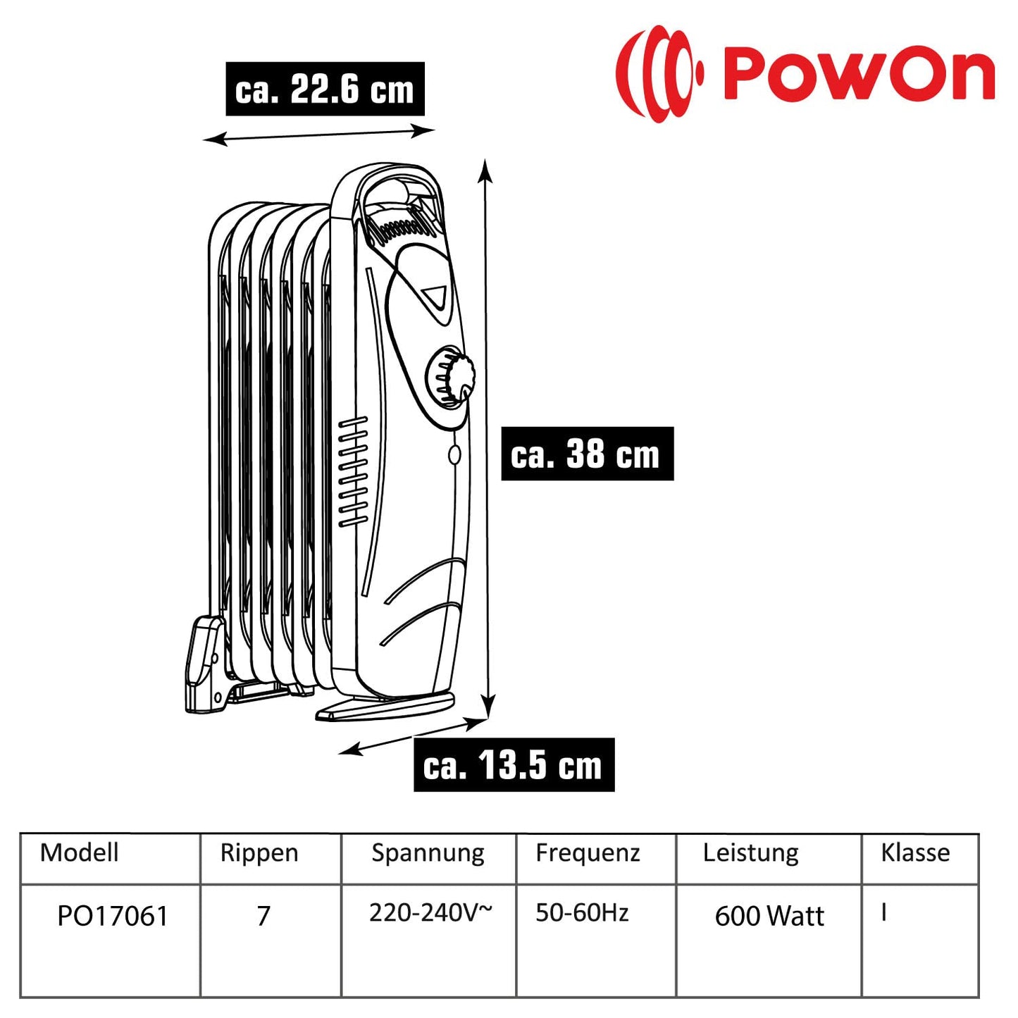 600W Oil Radiator by PowOn with 7 fins - 30x14x38 Electric Heater, Energy-efficient. Great for saving energy, this electric oil radiator offers effective heating for your space.