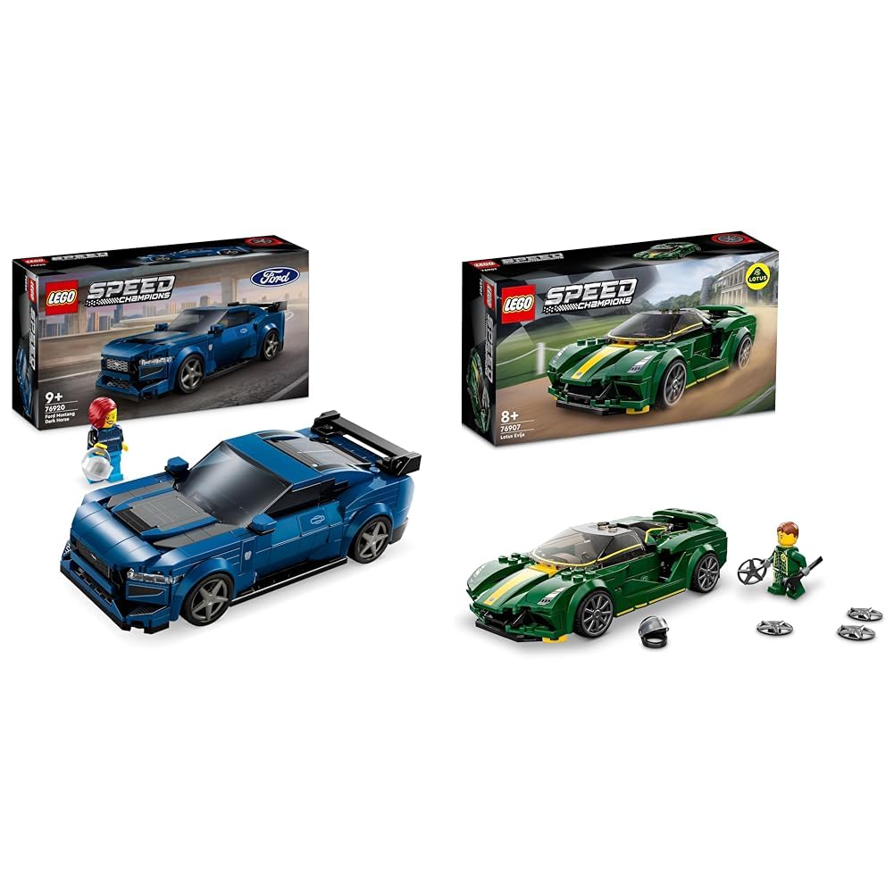 LEGO Speed Champions Ford Mustang Dark Horse sports car, car toy & Speed Champions Lotus Evija model car kit, car toy with cockpit for 2 figures
