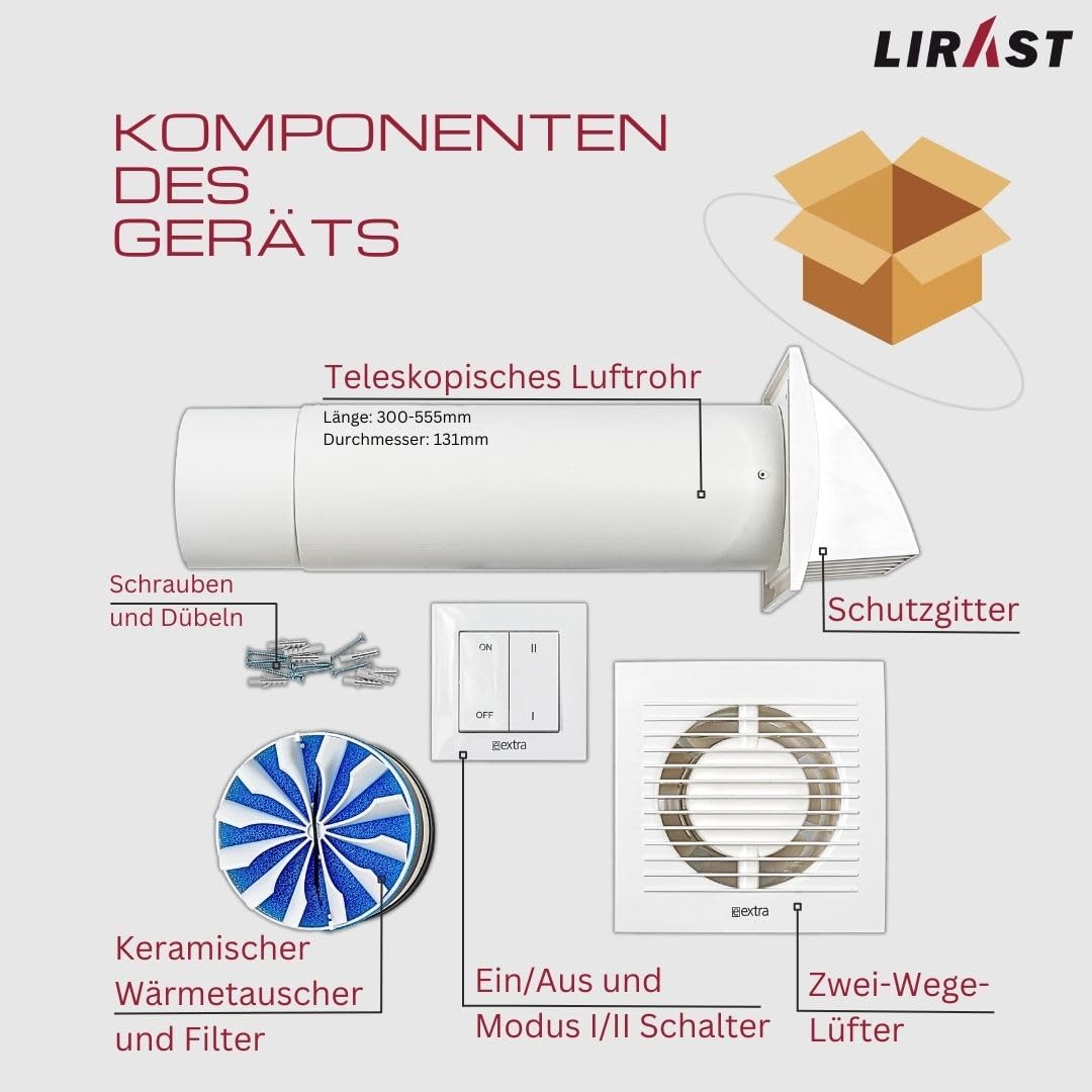 LIRAST 125mm Decentralized Ventilation System with Heat Recovery - Wall Fan with Switch - Ventilation with Heat Recovery - Recuperator with Ceramic Heat Exchanger - Air Exchanger Residential Ventilation