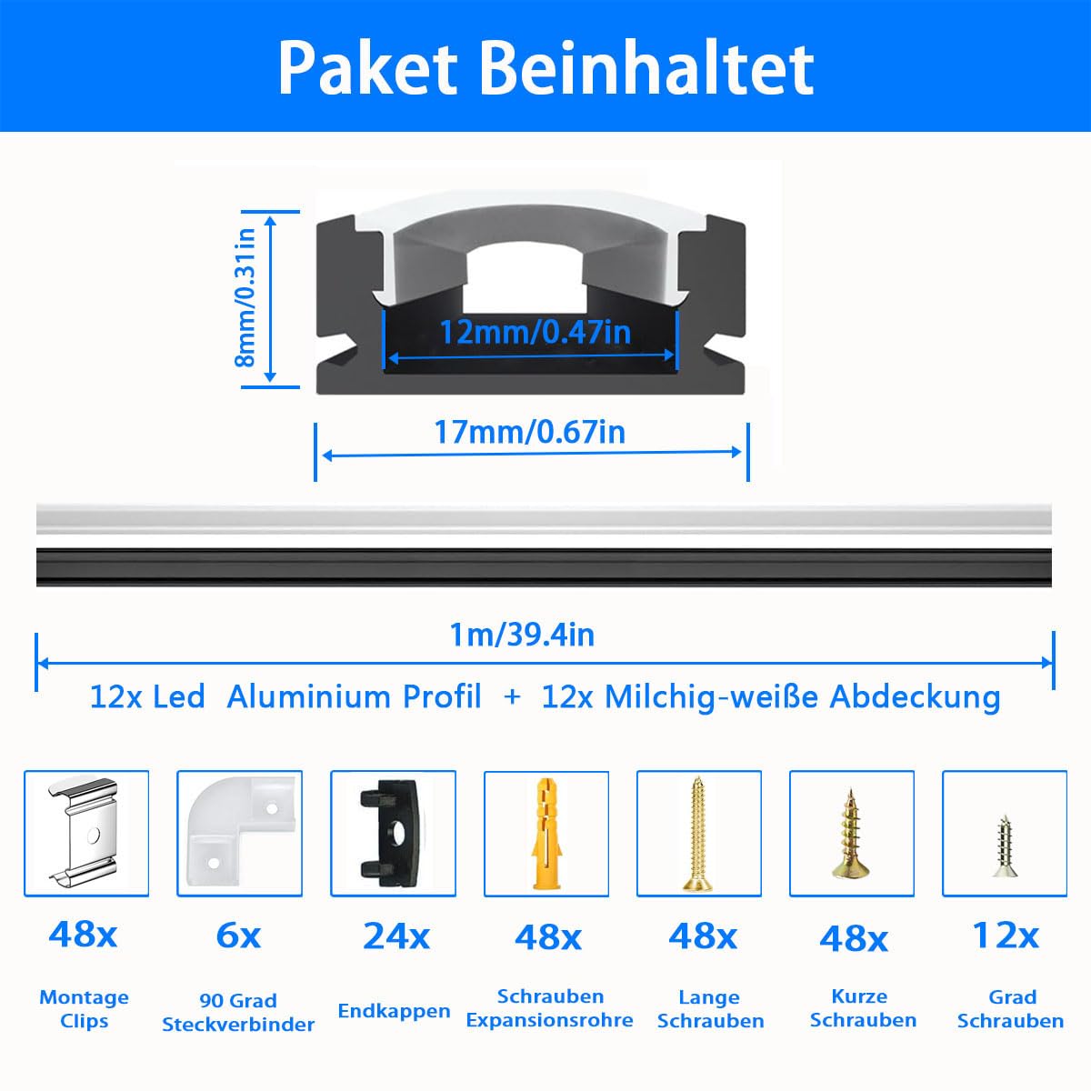 LED Aluminum Profile Black, 12X1M Strip Profile Rail V Shape Channel for 12mm LED Strips, Stripes Aluminum Profile Corner Profile Bar Diffuser Channels with Milky White Cover and 90 Degree Corner Connectors