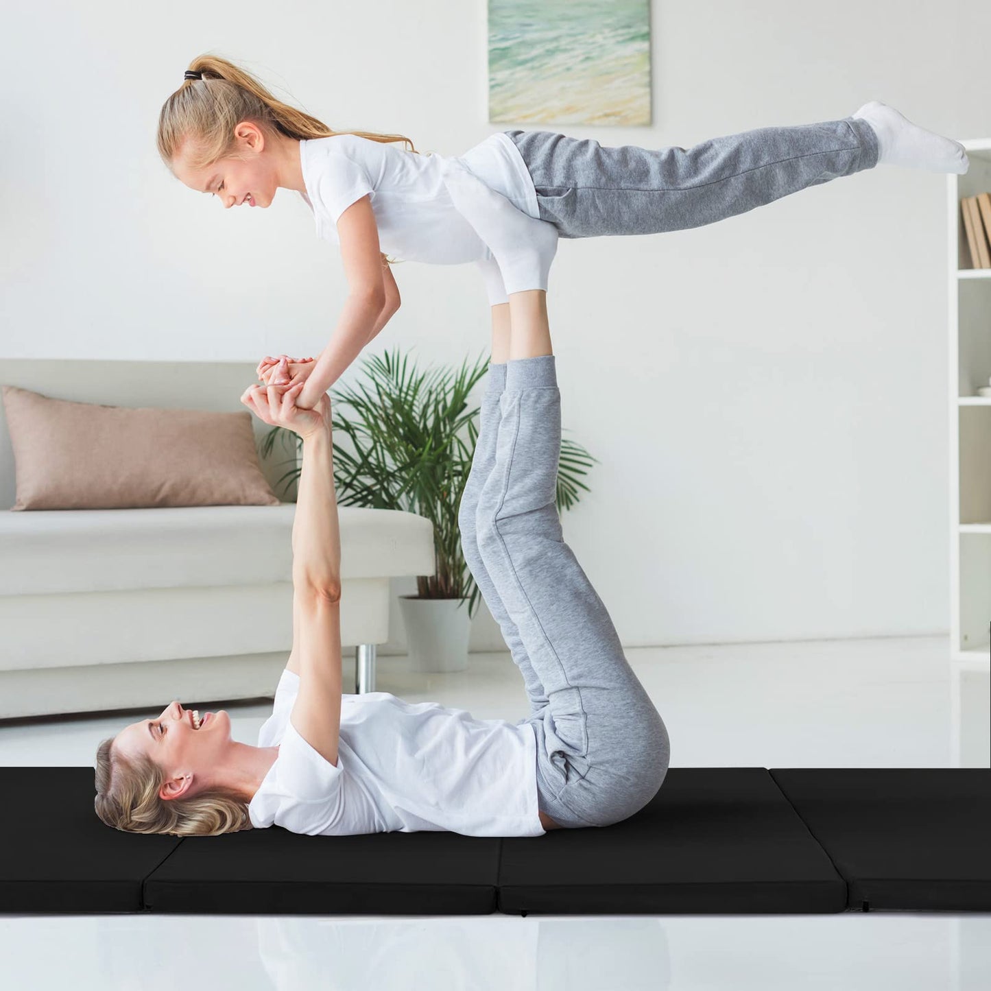 COSTWAY 240 x 120 x 5 cm soft floor mat, foldable gymnastics mat with Velcro closure and 2 handles, exercise mat, foldable mat, fitness mat for gymnastics, yoga, home training (black)