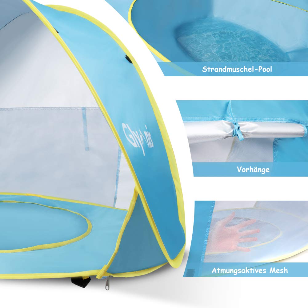 Glymnis baby beach tent pop-up beach tent with detachable pool UV protection UPF 50+ sun shade shelter for toddlers 0-3 years