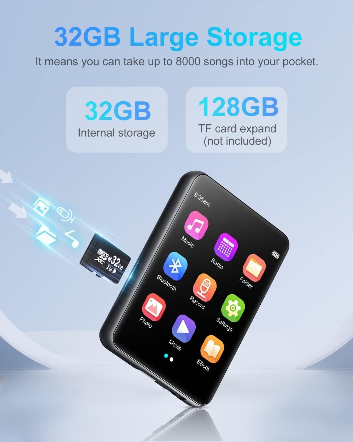 64GB MP3 player Bluetooth 5.3, HiFi lossless sound music player with speaker, voice recorder, FM radio, 2.4 inch full touch screen metal body MP3, supports up to 128GB.