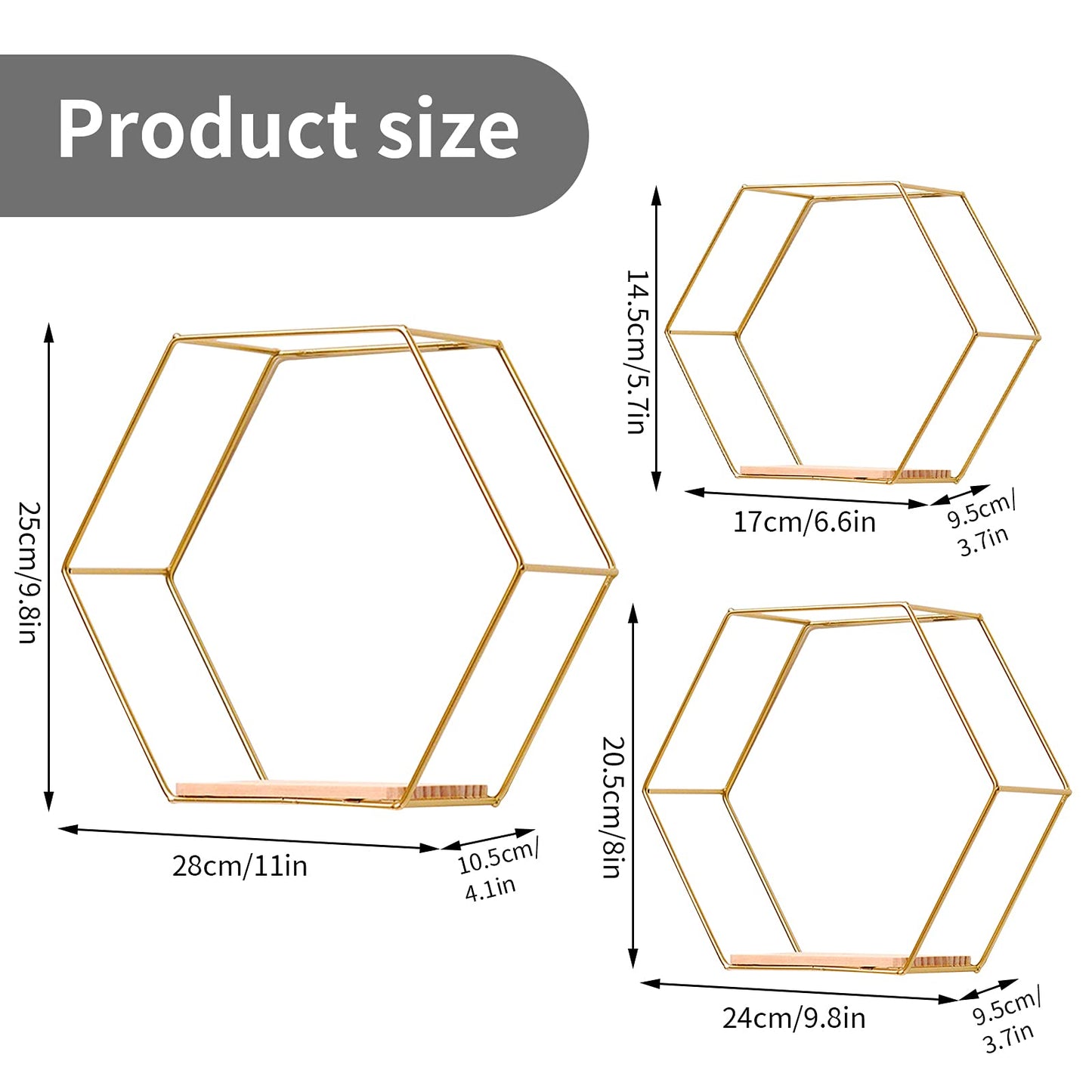 Hexagon wall shelf metal 3 piece set, gold decorative hanging shelf loft wall shelves, wall shelf for wall decor in living room, bedroom, bathroom, café, and hotel