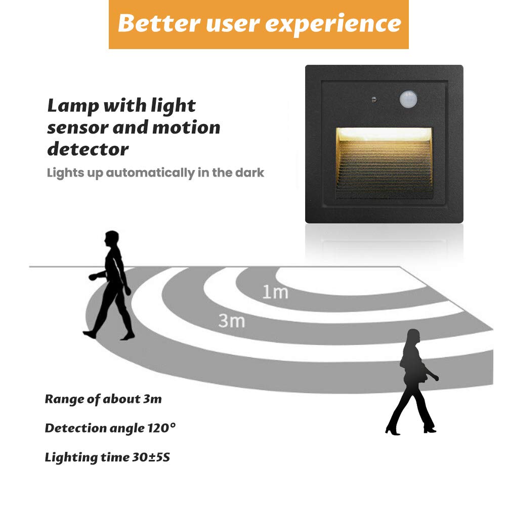Arote 8th 3W LED stair light with motion sensor 3000K IP65 Square recessed wall light wall light wall-mounted spotlight step light lighting lamp, indoor outdoor black aluminum 230V warm white, sensor