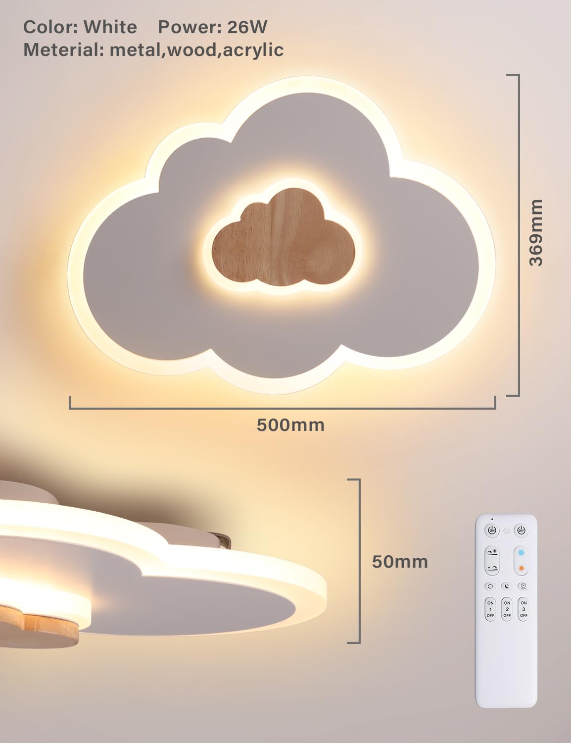 FANLG LED ceiling light Clouds, 26W 50CM Kids light ceiling light dimmable with remote control 3000-6000K, creative cloud light wooden ceiling light for children's room | Bedroom | Living room
