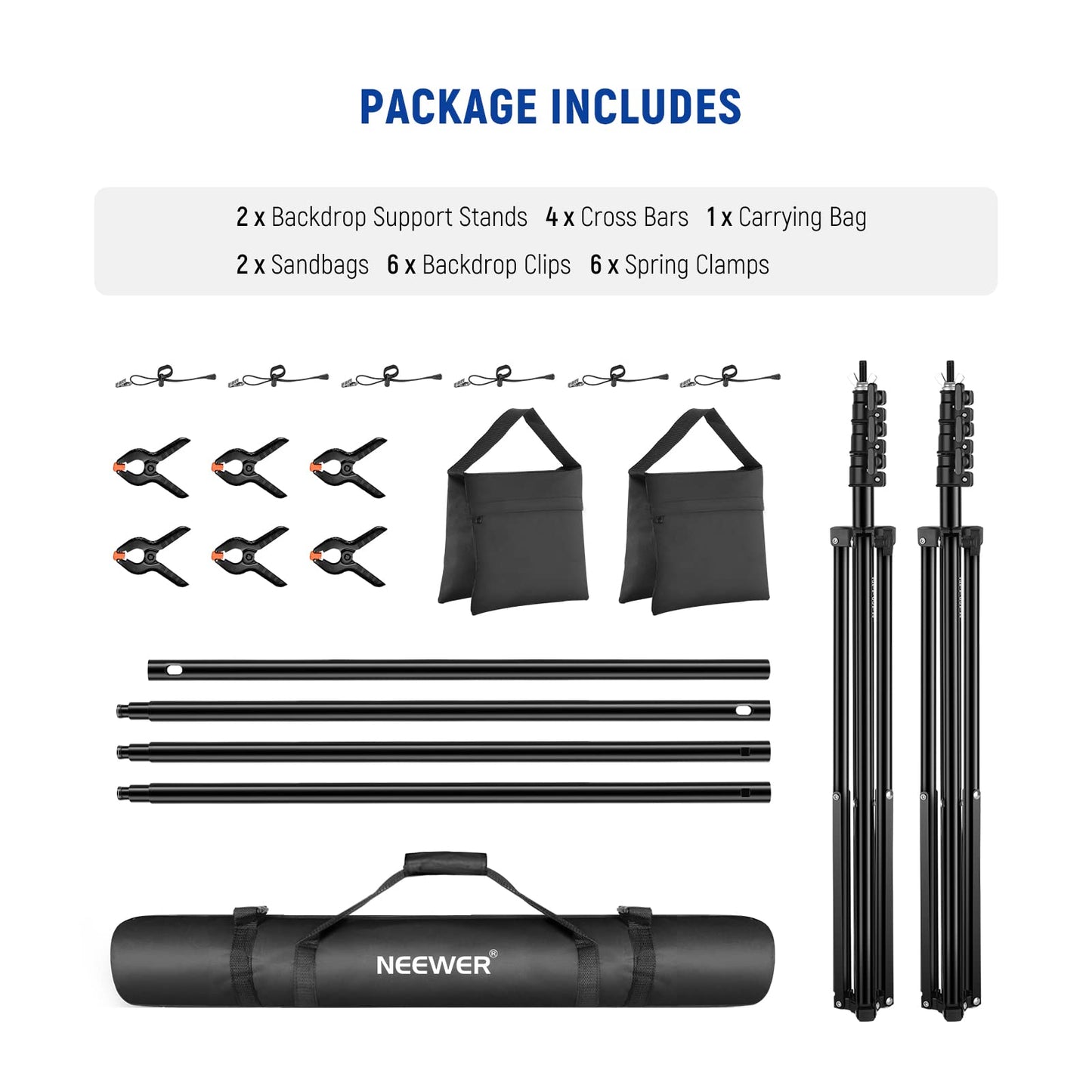 NEEWER 8.5x10ft Adjustable Background Stand Set, Photography Background Support System with 4 Crossbars, 6 Spring Clamps, 6 Background Clips, 2 Sandbags, and Carrying Bag.