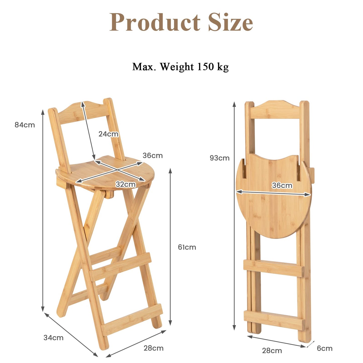 LIFEZEAL folding bar stools, set of 2 bamboo bar chairs, kitchen counter stools with backrest & footrest, folding bistro stools with heart-shaped seat, perfect for bars & kitchens, natural color.
