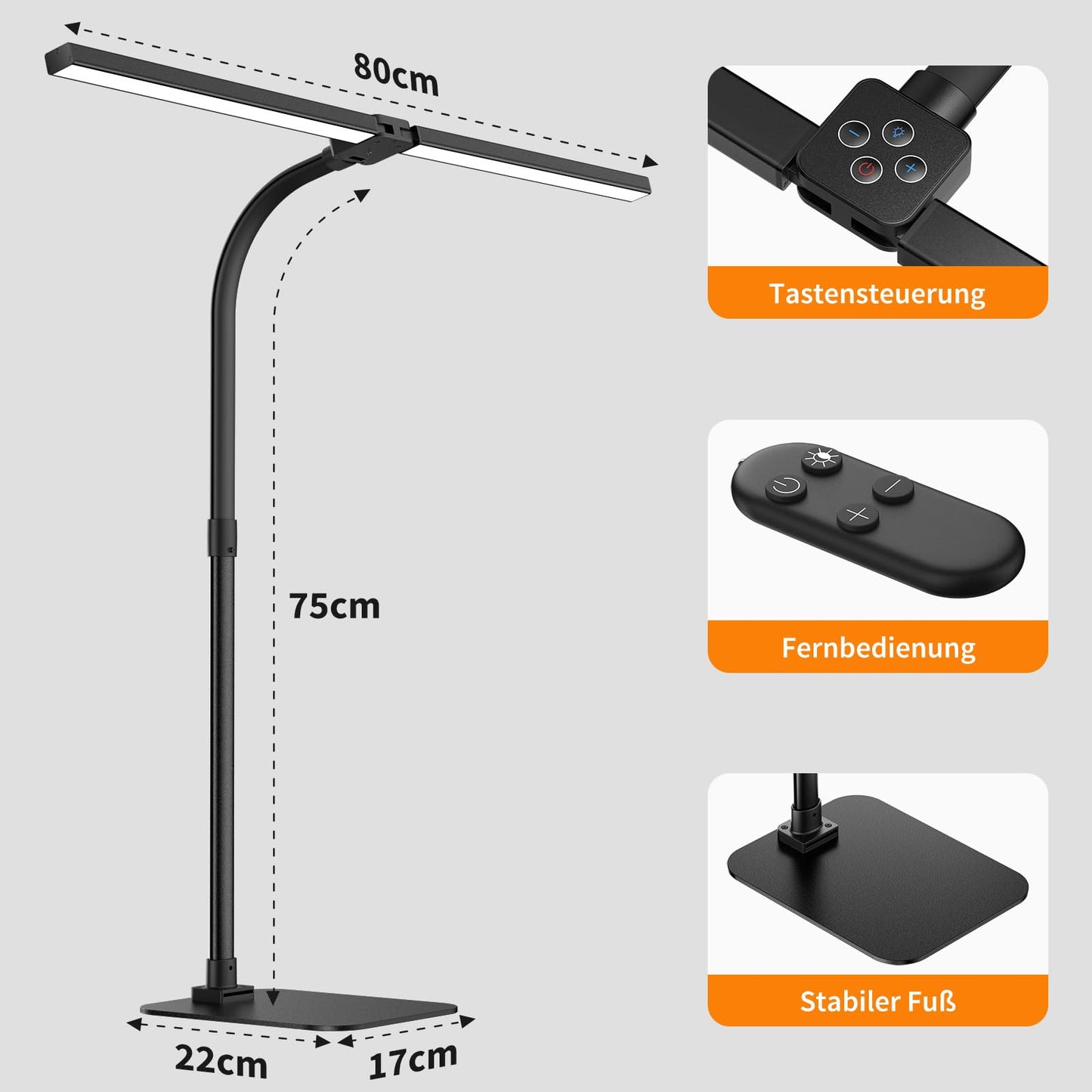 Kaulsoue Desk Lamp LED dimmable, with base, 24W 80cm daylight lamp, eye care, 5 color temperatures 5 brightness levels, for work, home, office, dorm, study, reading
