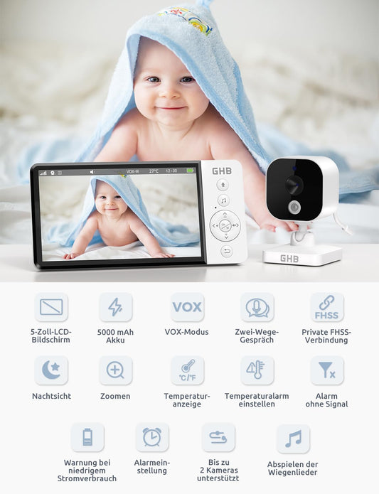 GHB baby monitor with camera 5 inch 720P HD 5000mAh IPS display VOX mode digital zoom night vision two-way talk temperature display ABM700